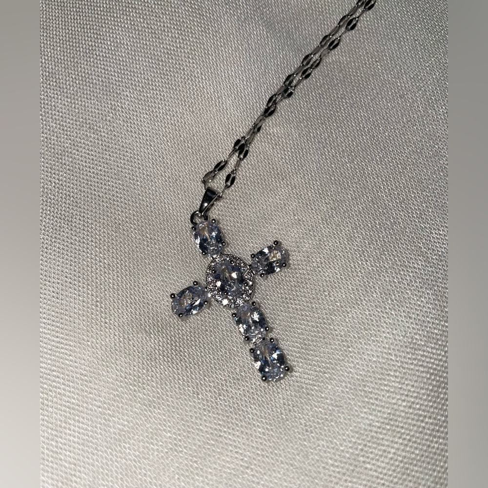 Silver & White Stones Cross Pendant Necklace